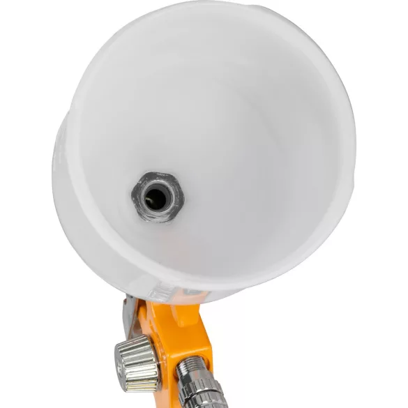 Festékszóró pisztoly, Strend Pro Airtool S-970A, sárga/fehér, felső tartályos, 600 ml, kompresszoros, 1,4 mm fúvóka, 3 bar