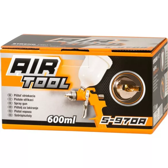Festékszóró pisztoly, Strend Pro Airtool S-970A, sárga/fehér, felső tartályos, 600 ml, kompresszoros, 1,4 mm fúvóka, 3 bar