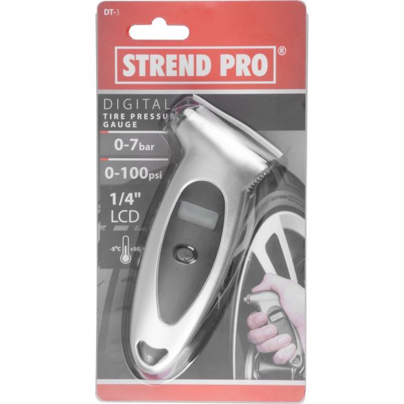 Gumiabroncs nyomásmérő, Strend Pro Airtool DT-3, ezüst, digitális, akkumulátoros, automatikus kalibrálás, skálaválasztás (psi, bar, mm), ±0,5 psi pontosság