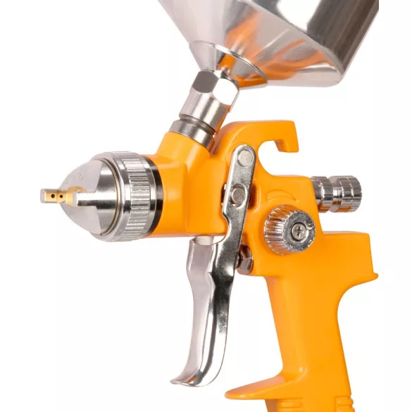 Festékszóró pisztoly, Strend Pro Airtool S-970B, sárga/ezüst, felső tartályos, 1000 ml, kompresszoros, 1,4 mm fúvóka, 3 bar