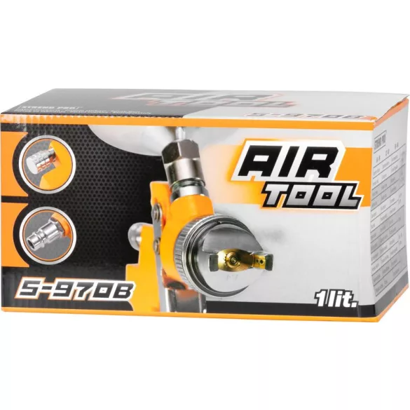 Festékszóró pisztoly, Strend Pro Airtool S-970B, sárga/ezüst, felső tartályos, 1000 ml, kompresszoros, 1,4 mm fúvóka, 3 bar