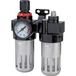   Légszűrő, Strend Pro Airtool MF-3, ezüst, 1/4" csatlakozás, szabályzóval és nyomásmérővel, maximum 9,3 bar, víz- és olajleválasztó, dupla szűrőkamra, kompresszorhoz