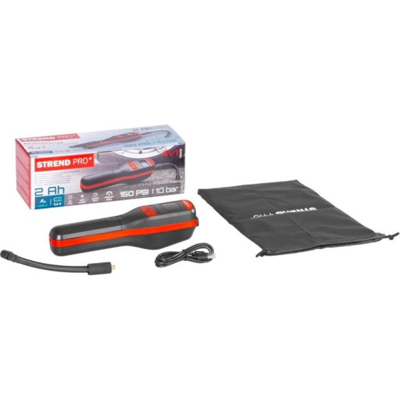 Kompresszor, Strend Pro K25, fekete, kézi, akkumulátoros, 150 PSI, 10 bar, LED világítás, USB-C töltés, digitális kijelző, automatikus leállás