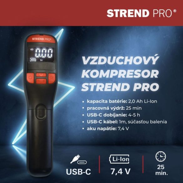 Kompresszor, Strend Pro K25, fekete, kézi, akkumulátoros, 150 PSI, 10 bar, LED világítás, USB-C töltés, digitális kijelző, automatikus leállás