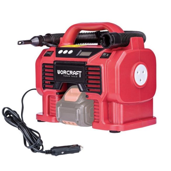 Kompresszor, Worcraft CAC-S20LiA ShareSYS, piros, akkumulátoros, 20 V, 160 PSI, 11 bar, LED világítás, 12 V autós aljzat, fúj és szív (akku és töltő nélkül)