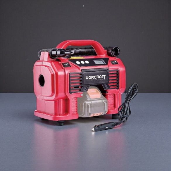 Kompresszor, Worcraft CAC-S20LiA ShareSYS, piros, akkumulátoros, 20 V, 160 PSI, 11 bar, LED világítás, 12 V autós aljzat, fúj és szív (akku és töltő nélkül)