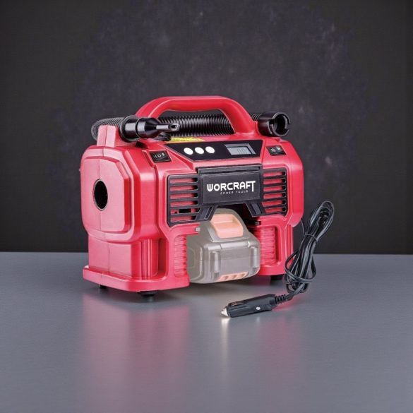 Kompresszor, Worcraft CAC-S20LiA ShareSYS, piros, akkumulátoros, 20 V, 160 PSI, 11 bar, LED világítás, 12 V autós aljzat, fúj és szív (akku és töltő nélkül)