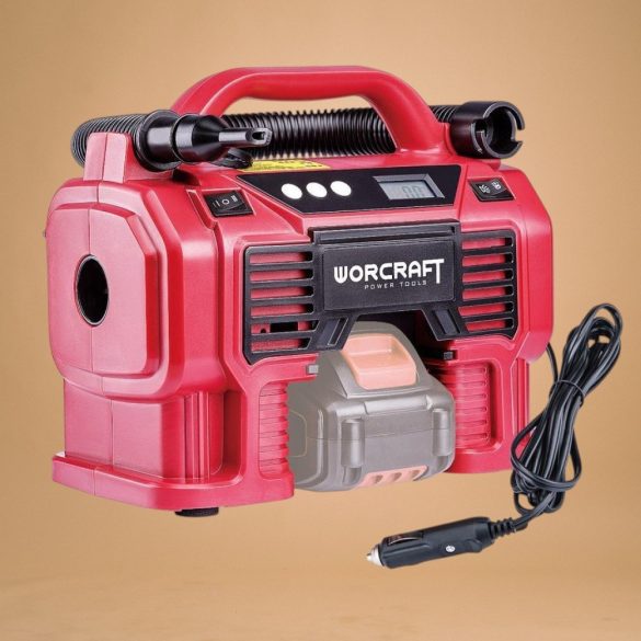 Kompresszor, Worcraft CAC-S20LiA ShareSYS, piros, akkumulátoros, 20 V, 160 PSI, 11 bar, LED világítás, 12 V autós aljzat, fúj és szív (akku és töltő nélkül)