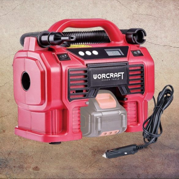 Kompresszor, Worcraft CAC-S20LiA ShareSYS, piros, akkumulátoros, 20 V, 160 PSI, 11 bar, LED világítás, 12 V autós aljzat, fúj és szív (akku és töltő nélkül)