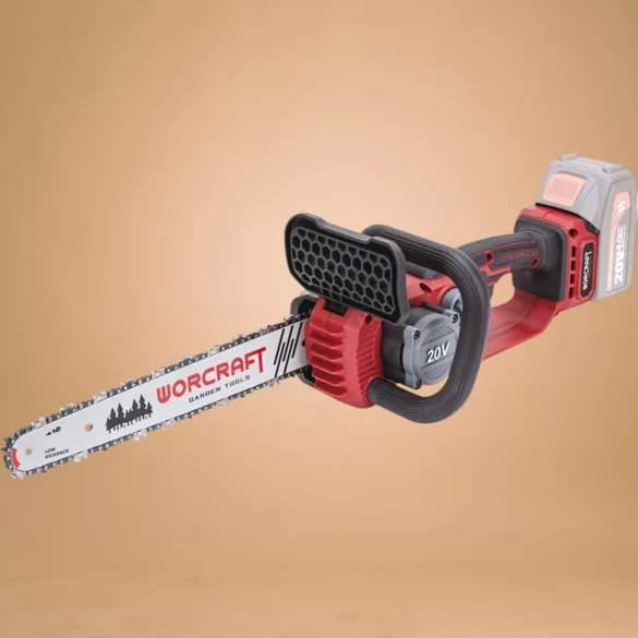 Akkumulátoros láncfűrész, Worcraft CGC-S20LiBDM, piros/fekete, 4 Ah 20V Li-Ion, 13 m/s láncsebesség, 26 ml olajtartály, akkumulátor és töltő nélkül