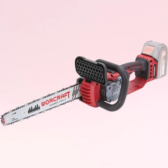 Akkumulátoros láncfűrész, Worcraft CGC-S20LiBDM, piros/fekete, 4 Ah 20V Li-Ion, 13 m/s láncsebesség, 26 ml olajtartály, akkumulátor és töltő nélkül