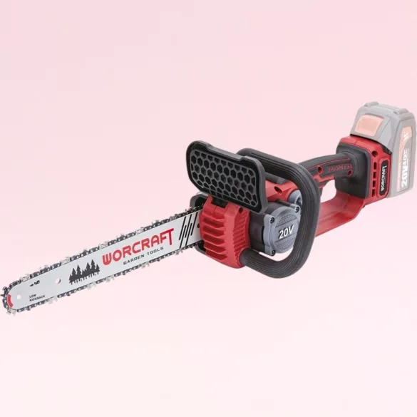 Akkumulátoros láncfűrész, Worcraft CGC-S20LiBDM, piros/fekete, 4 Ah 20V Li-Ion, 13 m/s láncsebesség, 26 ml olajtartály, akkumulátorral, töltővel, láncolajjal, kofferben