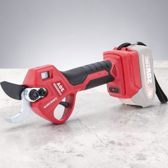Akkumulátoros metszőolló, Worcraft CSC-S20LiBA ShareSYS, piros/fekete, 2 Ah 20 V Li-Ion, maximum 30 mm vastagság, LCD kijelző, akkumulátor és töltő nélkül