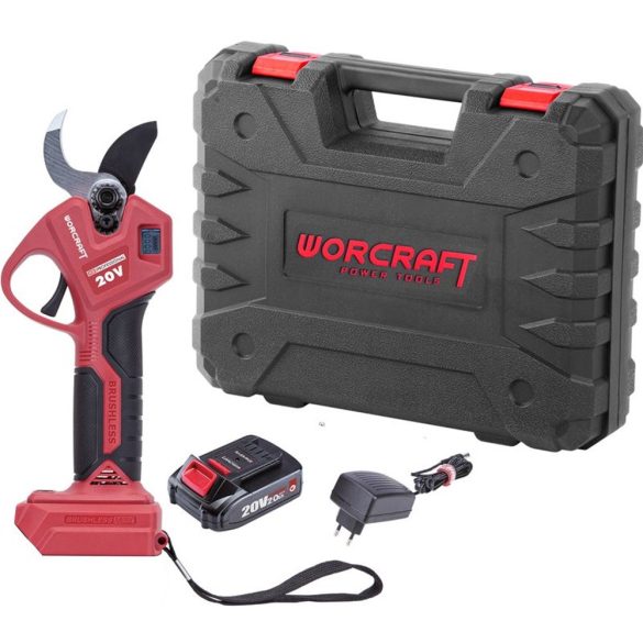 Akkumulátoros metszőolló, Worcraft CSC-S20LiBA ShareSYS, piros/fekete, 2 Ah 20 V Li-Ion, maximum 30 mm vastagság, LCD kijelző, akkumulátorral és töltővel, hordtáskában