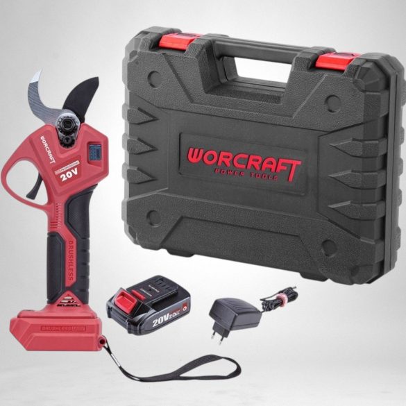 Akkumulátoros metszőolló, Worcraft CSC-S20LiBA ShareSYS, piros/fekete, 2 Ah 20 V Li-Ion, maximum 30 mm vastagság, LCD kijelző, akkumulátorral és töltővel, hordtáskában