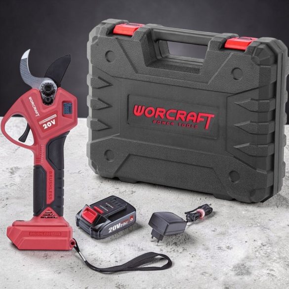 Akkumulátoros metszőolló, Worcraft CSC-S20LiBA ShareSYS, piros/fekete, 2 Ah 20 V Li-Ion, maximum 30 mm vastagság, LCD kijelző, akkumulátorral és töltővel, hordtáskában