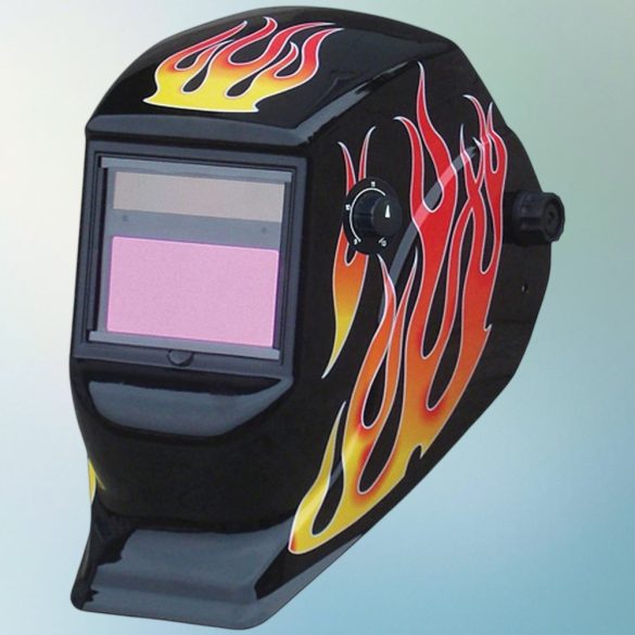 Hegesztő fejpajzs, Strend Pro Galaxy RedFlame, fekete, automata sötétedésű, napelemes, állítható érzékenység és késleltetés, DIN 9-13, 1/20000 mp reakcióidő