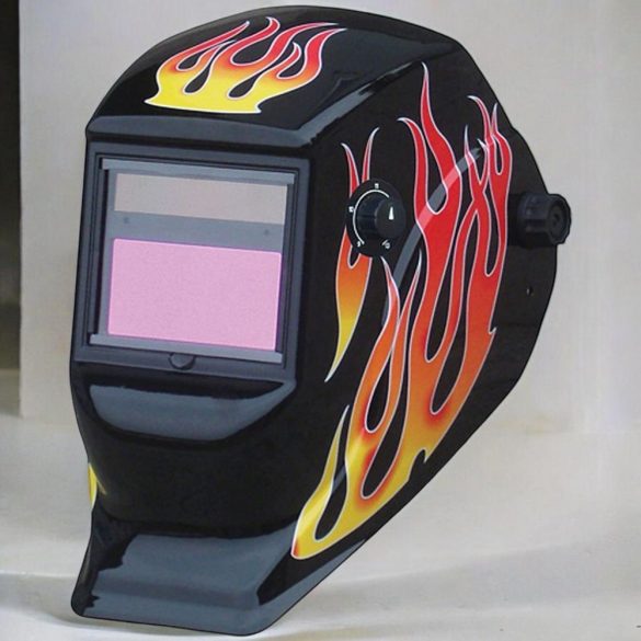 Hegesztő fejpajzs, Strend Pro Galaxy RedFlame, fekete, automata sötétedésű, napelemes, állítható érzékenység és késleltetés, DIN 9-13, 1/20000 mp reakcióidő