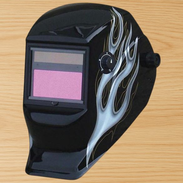 Hegesztő fejpajzs, Strend Pro Galaxy SilverFlame, fekete, automata sötétedésű, napelemes, állítható érzékenység és késleltetés, DIN 9-13, 1/20000 mp reakcióidő