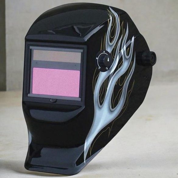 Hegesztő fejpajzs, Strend Pro Galaxy SilverFlame, fekete, automata sötétedésű, napelemes, állítható érzékenység és késleltetés, DIN 9-13, 1/20000 mp reakcióidő