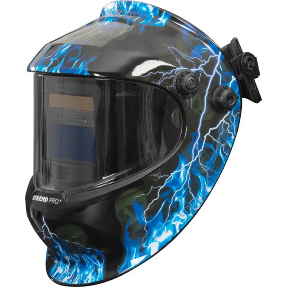 Hegesztő fejpajzs, Strend Pro Galaxy Lightning, fekete, automata sötétedésű, napelemes, állítható érzékenység és késleltetés, DIN 9-13, látómező: 92,5 x 42,5 mm, 1/30000 mp reakcióidő