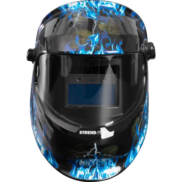 Hegesztő fejpajzs, Strend Pro Galaxy Lightning, fekete, automata sötétedésű, napelemes, állítható érzékenység és késleltetés, DIN 9-13, látómező: 92,5 x 42,5 mm, 1/30000 mp reakcióidő