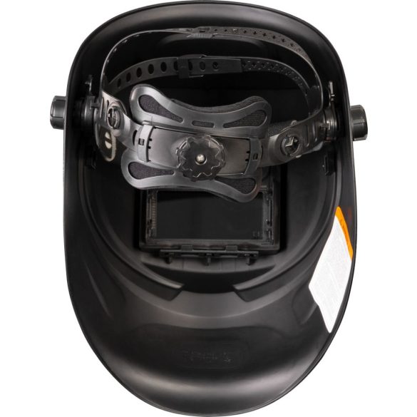 Hegesztő fejpajzs, Strend Pro Galaxy Lightning, fekete, automata sötétedésű, napelemes, állítható érzékenység és késleltetés, DIN 9-13, látómező: 92,5 x 42,5 mm, 1/30000 mp reakcióidő