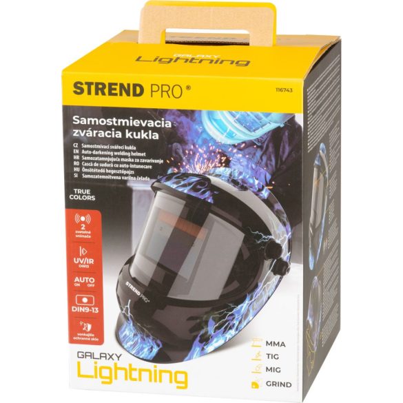 Hegesztő fejpajzs, Strend Pro Galaxy Lightning, fekete, automata sötétedésű, napelemes, állítható érzékenység és késleltetés, DIN 9-13, látómező: 92,5 x 42,5 mm, 1/30000 mp reakcióidő
