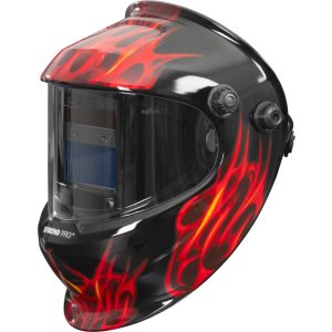 Hegesztő fejpajzs, Strend Pro Galaxy Flame, fekete, automata sötétedésű, napelemes, állítható érzékenység és késleltetés, DIN 9–13, látómező: 92,5 × 42,5 mm, 1/30000 mp reakcióidő