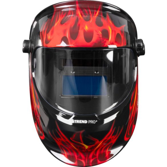 Hegesztő fejpajzs, Strend Pro Galaxy Flame, fekete, automata sötétedésű, napelemes, állítható érzékenység és késleltetés, DIN 9–13, látómező: 92,5 × 42,5 mm, 1/30000 mp reakcióidő