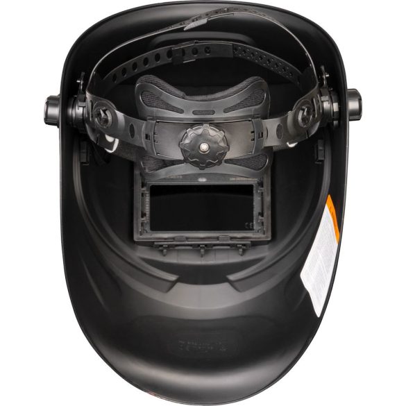 Hegesztő fejpajzs, Strend Pro Galaxy Flame, fekete, automata sötétedésű, napelemes, állítható érzékenység és késleltetés, DIN 9–13, látómező: 92,5 × 42,5 mm, 1/30000 mp reakcióidő