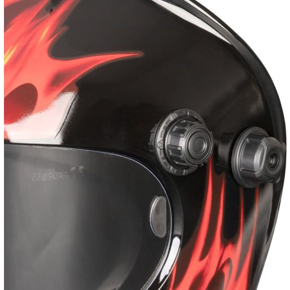 Hegesztő fejpajzs, Strend Pro Galaxy Flame, fekete, automata sötétedésű, napelemes, állítható érzékenység és késleltetés, DIN 9–13, látómező: 92,5 × 42,5 mm, 1/30000 mp reakcióidő