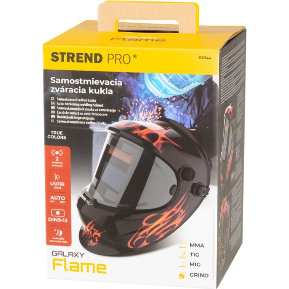 Hegesztő fejpajzs, Strend Pro Galaxy Flame, fekete, automata sötétedésű, napelemes, állítható érzékenység és késleltetés, DIN 9–13, látómező: 92,5 × 42,5 mm, 1/30000 mp reakcióidő