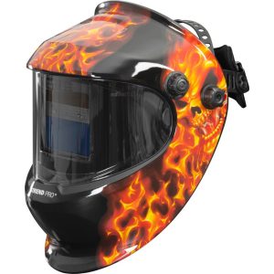 Hegesztő fejpajzs, Strend Pro Galaxy Fire Skull, fekete, automata sötétedésű, napelemes, állítható érzékenység és késleltetés, DIN 9–13, látómező: 92,5 × 42,5 mm, 1/30000 mp reakcióidő