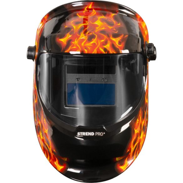 Hegesztő fejpajzs, Strend Pro Galaxy Fire Skull, fekete, automata sötétedésű, napelemes, állítható érzékenység és késleltetés, DIN 9–13, látómező: 92,5 × 42,5 mm, 1/30000 mp reakcióidő