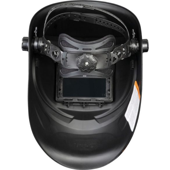 Hegesztő fejpajzs, Strend Pro Galaxy Fire Skull, fekete, automata sötétedésű, napelemes, állítható érzékenység és késleltetés, DIN 9–13, látómező: 92,5 × 42,5 mm, 1/30000 mp reakcióidő