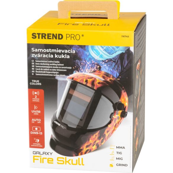 Hegesztő fejpajzs, Strend Pro Galaxy Fire Skull, fekete, automata sötétedésű, napelemes, állítható érzékenység és késleltetés, DIN 9–13, látómező: 92,5 × 42,5 mm, 1/30000 mp reakcióidő
