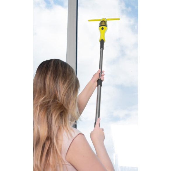Ablaktörlő, Strend Pro VAC-80E, sárga/fekete, 28 cm, 280 ml, 65 cm teleszkópos nyél, 2000 mAh akkumulátoros, 10 W, szórófejes palack, 50 ml szennyvíztartállyal