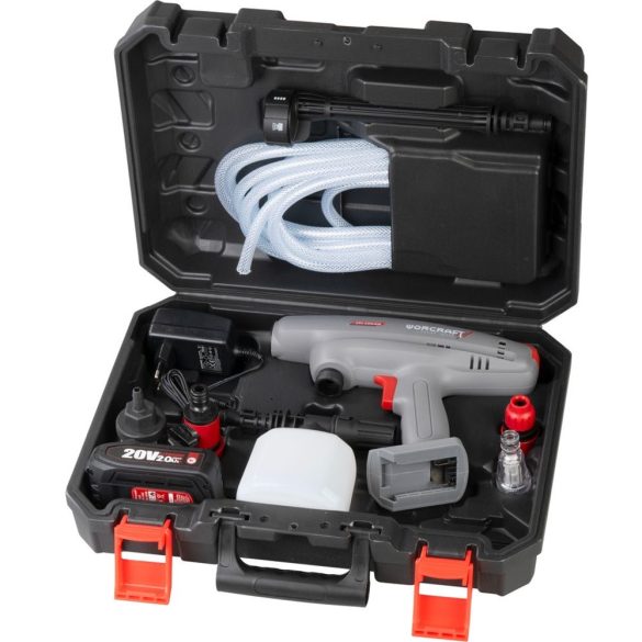 Akkumulátoros magasnyomású mosó, Worcraft CPC-S20LiEM ShareSYS, 1,5 MPa, átfolyás: 4,0 l/perc, 5 m tömlő, 380 ml habosító tartály, 20 V Li-Ion, 2,0 Ah, akkumulátorral és töltővel