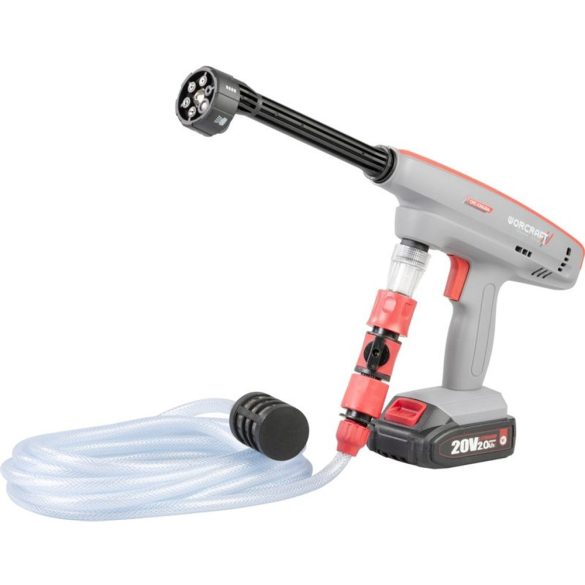 Akkumulátoros magasnyomású mosó, Worcraft CPC-S20LiEM ShareSYS, 1,5 MPa, átfolyás: 4,0 l/perc, 5 m tömlő, 380 ml habosító tartály, 20 V Li-Ion, 2,0 Ah, akkumulátorral és töltővel