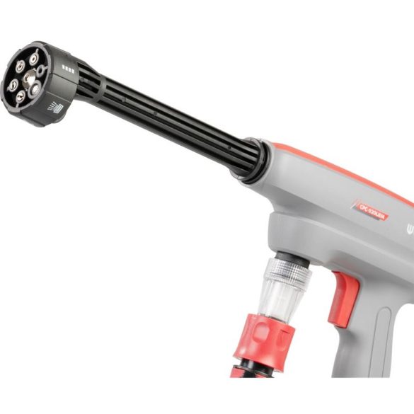 Akkumulátoros magasnyomású mosó, Worcraft CPC-S20LiEM ShareSYS, 1,5 MPa, átfolyás: 4,0 l/perc, 5 m tömlő, 380 ml habosító tartály, 20 V Li-Ion, 2,0 Ah, akkumulátorral és töltővel