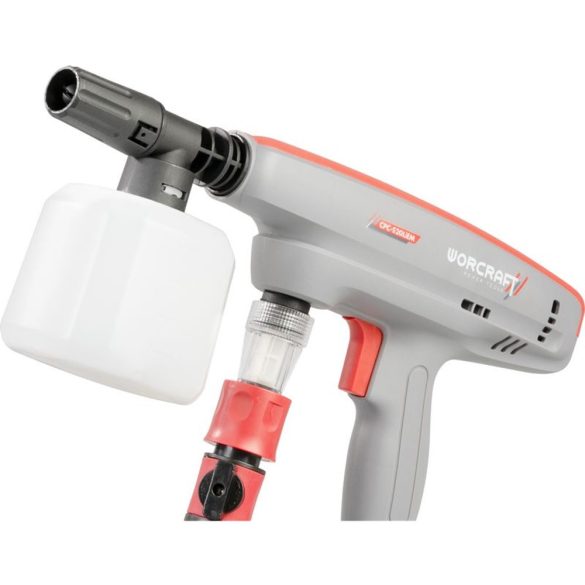 Akkumulátoros magasnyomású mosó, Worcraft CPC-S20LiEM ShareSYS, 1,5 MPa, átfolyás: 4,0 l/perc, 5 m tömlő, 380 ml habosító tartály, 20 V Li-Ion, 2,0 Ah, akkumulátorral és töltővel