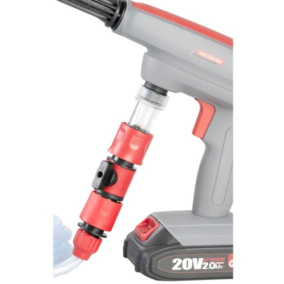 Akkumulátoros magasnyomású mosó, Worcraft CPC-S20LiEM ShareSYS, 1,5 MPa, átfolyás: 4,0 l/perc, 5 m tömlő, 380 ml habosító tartály, 20 V Li-Ion, 2,0 Ah, akkumulátorral és töltővel