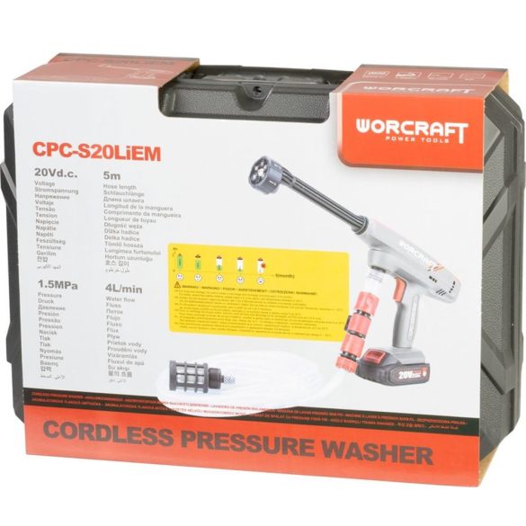 Akkumulátoros magasnyomású mosó, Worcraft CPC-S20LiEM ShareSYS, 1,5 MPa, átfolyás: 4,0 l/perc, 5 m tömlő, 380 ml habosító tartály, 20 V Li-Ion, 2,0 Ah, akkumulátorral és töltővel
