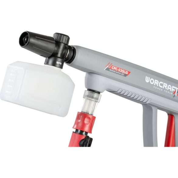 Akkumulátoros magasnyomású mosó, Worcraft CPC-S20LiD ShareSYS, 2,4 MPa, átfolyás: 5,4 l/perc, 5 m tömlő, 380 ml habosító tartály, 20 Li-Ion, akkumulátor és töltő nélkül