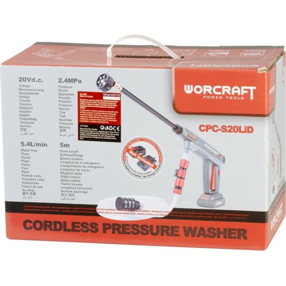 Akkumulátoros magasnyomású mosó, Worcraft CPC-S20LiD ShareSYS, 2,4 MPa, átfolyás: 5,4 l/perc, 5 m tömlő, 380 ml habosító tartály, 20 Li-Ion, akkumulátor és töltő nélkül