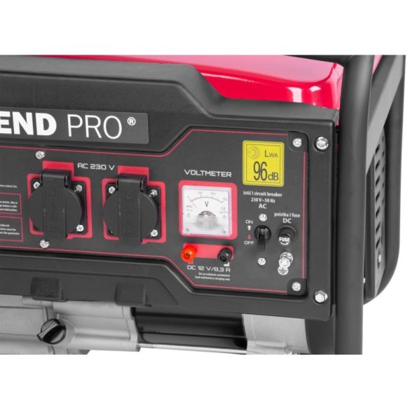Benzinmotoros áramfejlesztő, Strend Pro Garden KM2500-A, piros/fekete, 4000 W, benzinmotoros, teljesítmény: 2,3/2,1 kW, üzemanyagtartály: 15 l, kimenetek: 2 × 230 V AC, 1 × 12 V DC, 96 dB, AVR