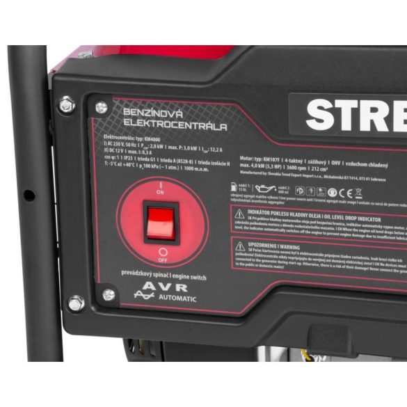 Benzinmotoros áramfejlesztő, Strend Pro Garden KM2500-A, piros/fekete, 4000 W, benzinmotoros, teljesítmény: 2,3/2,1 kW, üzemanyagtartály: 15 l, kimenetek: 2 × 230 V AC, 1 × 12 V DC, 96 dB, AVR