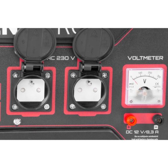 Benzinmotoros áramfejlesztő, Strend Pro Garden KM2500-A, piros/fekete, 4000 W, benzinmotoros, teljesítmény: 2,3/2,1 kW, üzemanyagtartály: 15 l, kimenetek: 2 × 230 V AC, 1 × 12 V DC, 96 dB, AVR