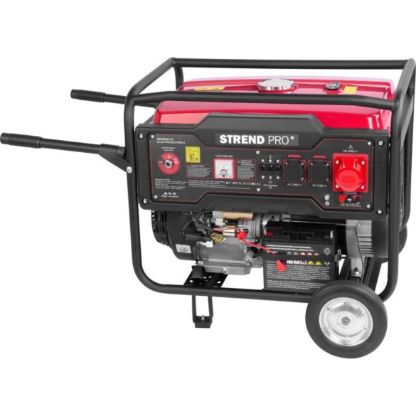 Benzinmotoros áramfejlesztő, Strend Pro Garden KM8000-A, piros/fekete, 8000 W, benzinmotoros, teljesítmény: 6,5/6,0 kW, üzemanyagtartály: 25 l, kimenetek: 2 × 230 V / 16 A, 1 × 400 V / 32 A, 12 V DC, 97 dB, AVR, kerekes